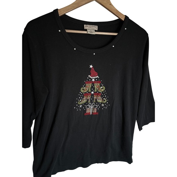 Isaacs Designs Christmas Tree Rhinestone 3/4 Sleeve Black Top XL Holidays Party - Picture 2 of 9